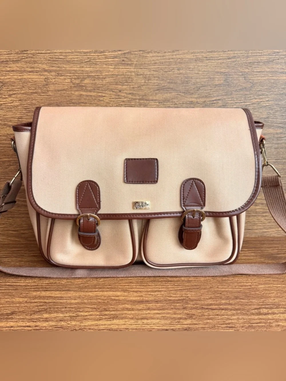Vintage John Weitz Tan Canvas Messenger Bag Satchel Work Office Academia Preppy‎